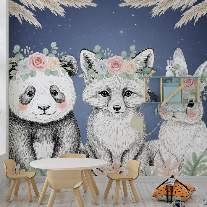 Barntapet | Bedårande djur med blomsterkransar stjärnhimmel