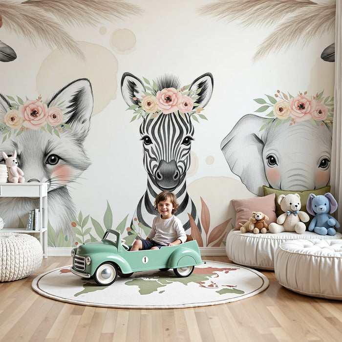 Carta da parati bambini | Adorabili animali con corone floreali