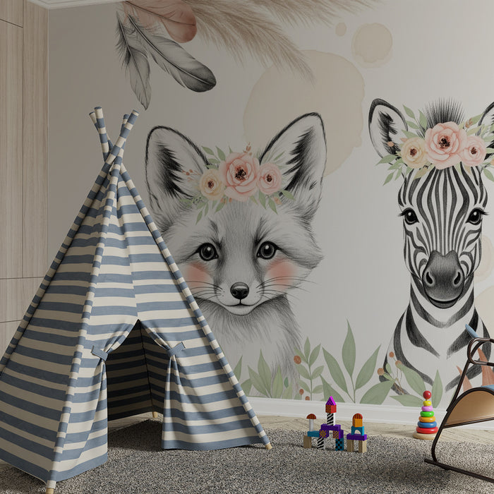 Carta da parati bambini | Adorabili animali con corone floreali