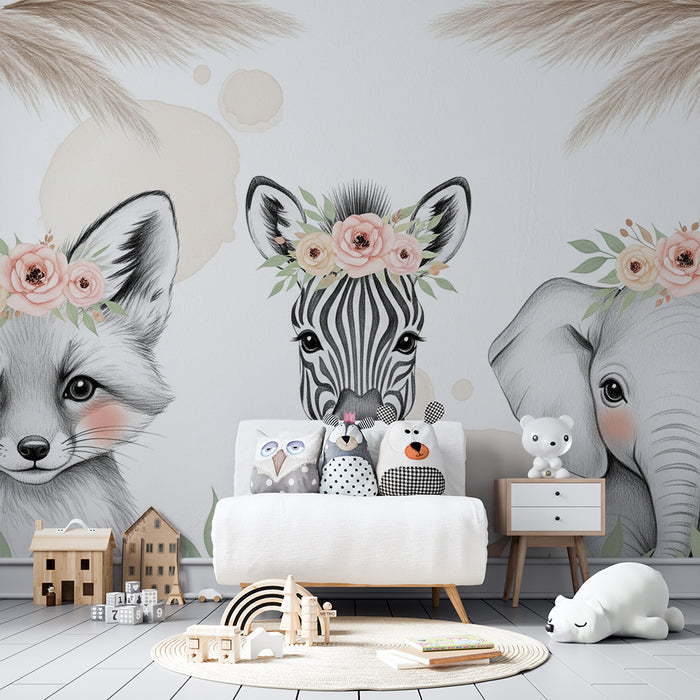 Carta da parati bambini | Adorabili animali con corone floreali