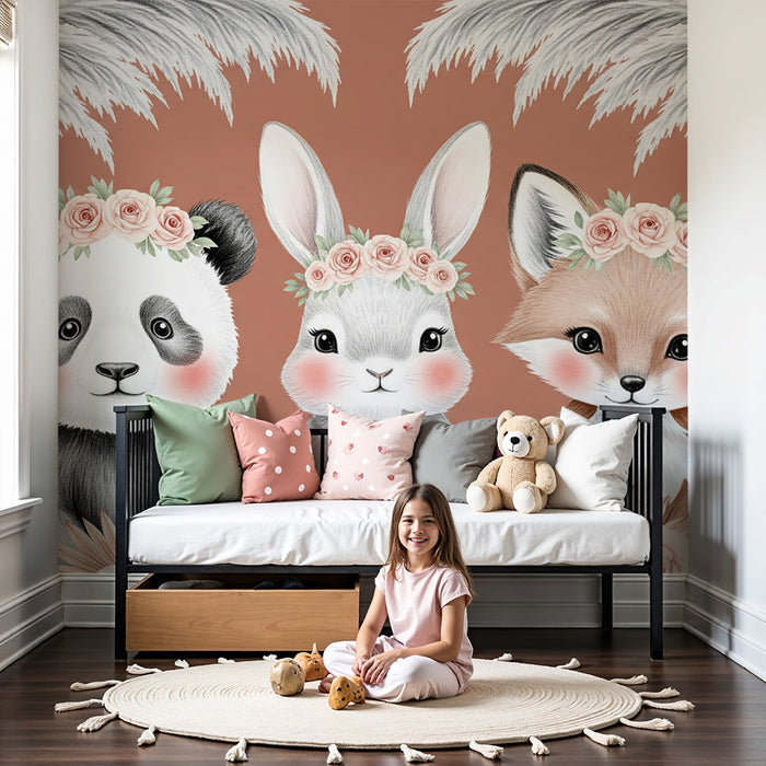 Barntapet | Bedårande djur med terrakottafärgad blomsterbakgrund