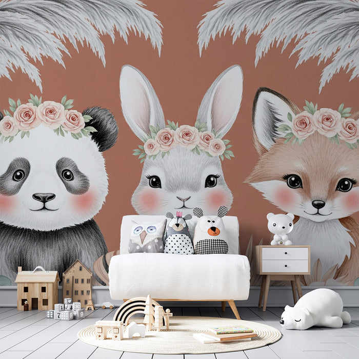 Barntapet | Bedårande djur med terrakottafärgad blomsterbakgrund