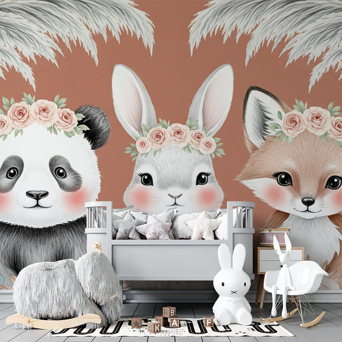 Barntapet | Bedårande djur med terrakottafärgad blomsterbakgrund