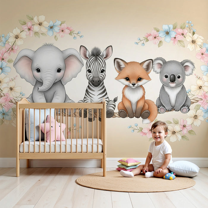 Barntapet | Bedårande djur med en blomsterkrans