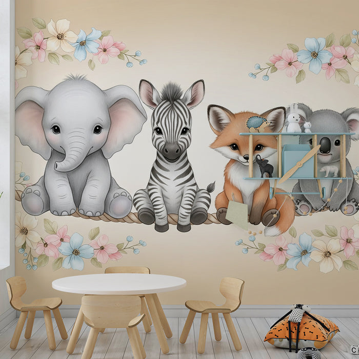 Barntapet | Bedårande djur med en blomsterkrans