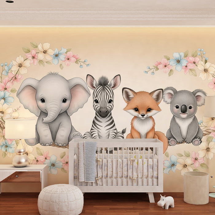 Barntapet | Bedårande djur med en blomsterkrans