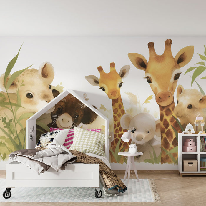 Papel pintado infantil | Animales adorables en la jungla