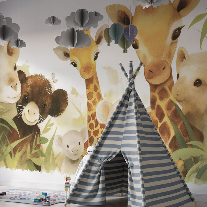Papel pintado infantil | Animales adorables en la jungla