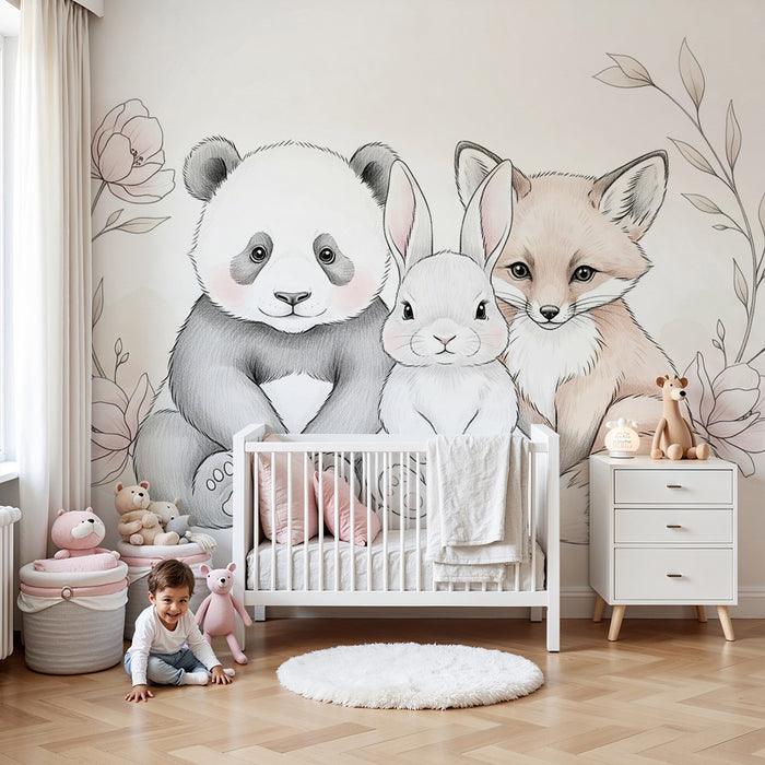 Barntapet | Bedårande djur och blommor på vit bakgrund