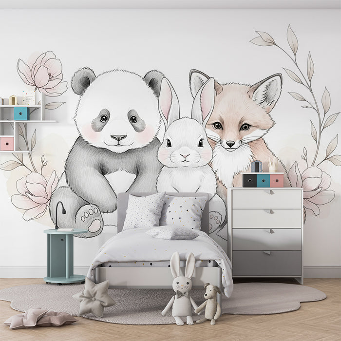 Barntapet | Bedårande djur och blommor på vit bakgrund