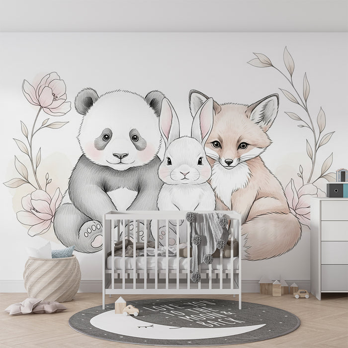Barntapet | Bedårande djur och blommor på vit bakgrund