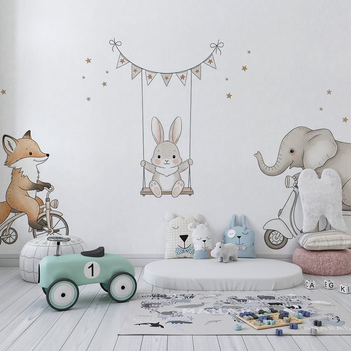 Papel de parede quarto bebê | Divertidos animais passeando com estrelas douradas