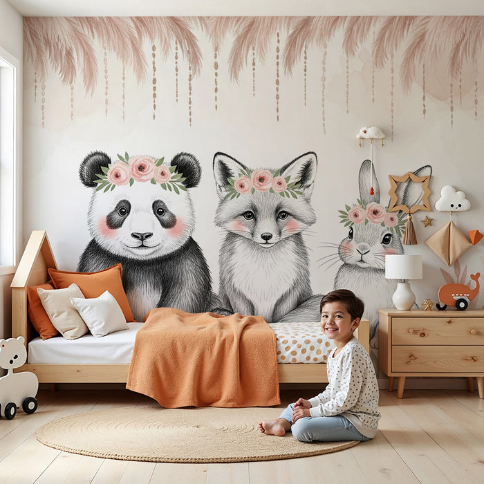 Barntapet | Djur med blomsterkransar och fallande löv