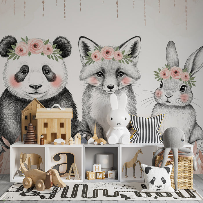 Barntapet | Djur med blomsterkransar och fallande löv