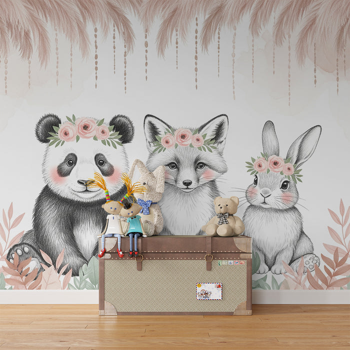 Barntapet | Djur med blomsterkransar och fallande löv