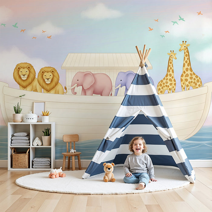 Barntapet | Färgglada djur på en båt med en pastellfärgad himmel