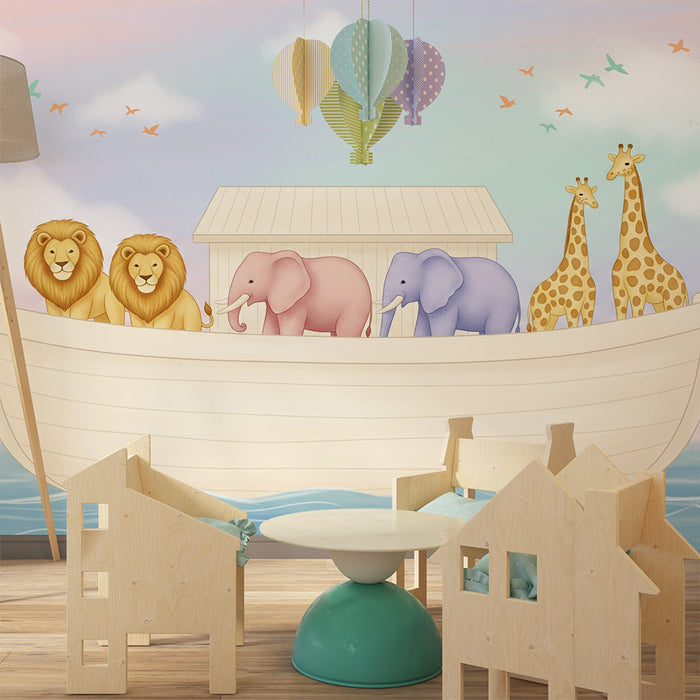 Barntapet | Färgglada djur på en båt med en pastellfärgad himmel
