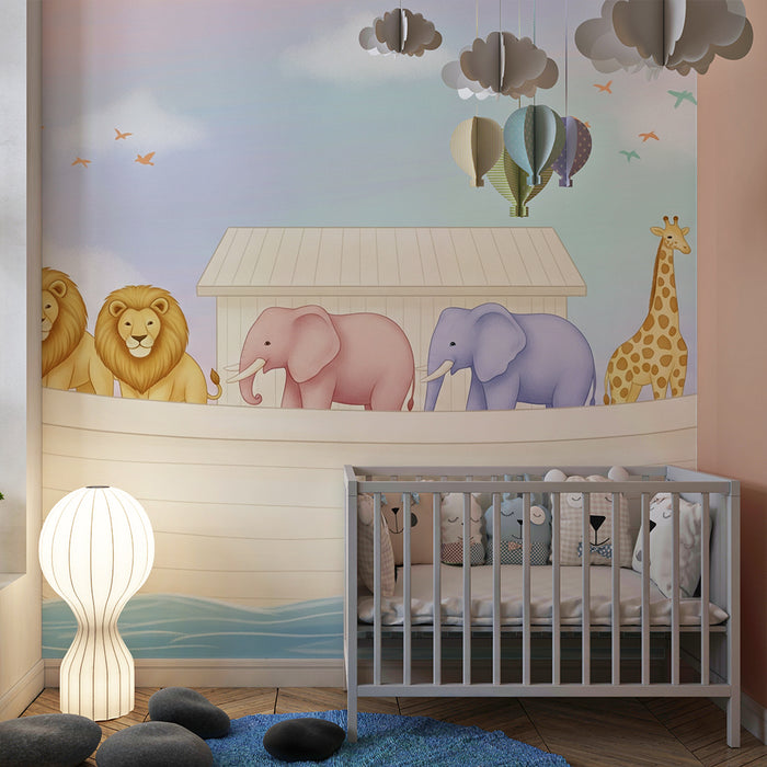 Barntapet | Färgglada djur på en båt med en pastellfärgad himmel