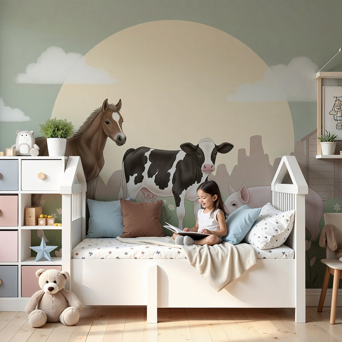 Papier peint chambre bébé | Animaux de la ferme avec un décor pastoral