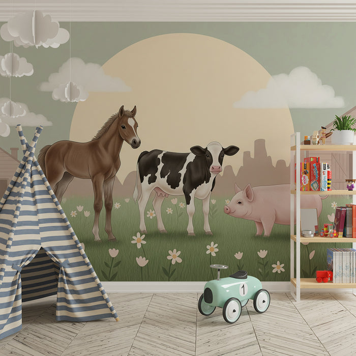 Papier peint chambre bébé | Animaux de la ferme avec un décor pastoral