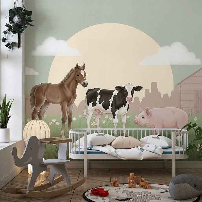 Papier peint chambre bébé | Animaux de la ferme avec un décor pastoral