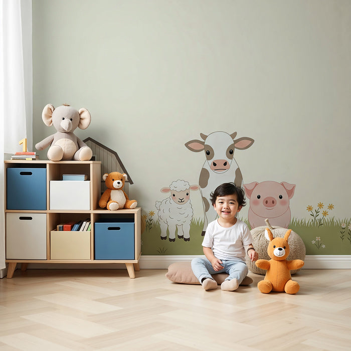 Papel de parede para quarto de bebé | Animais da quinta com um celeiro e flores