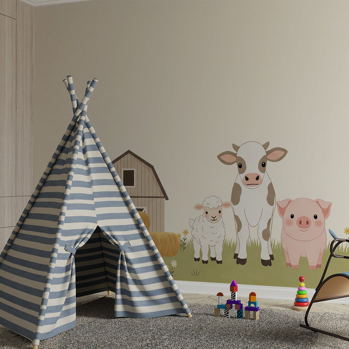 Papel de parede para quarto de bebé | Animais da quinta com um celeiro e flores