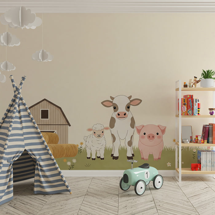 Papel de parede para quarto de bebé | Animais da quinta com um celeiro e flores