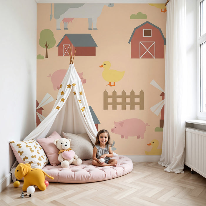 Babykamer behang | Kleurrijke boerderijdieren met schuur en windmolen