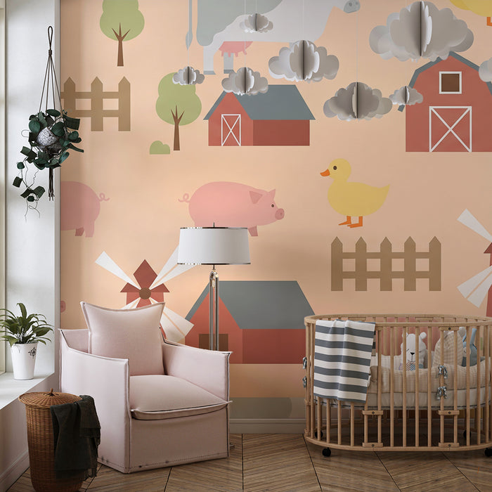 Babykamer behang | Kleurrijke boerderijdieren met schuur en windmolen