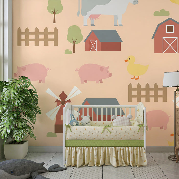 Babykamer behang | Kleurrijke boerderijdieren met schuur en windmolen