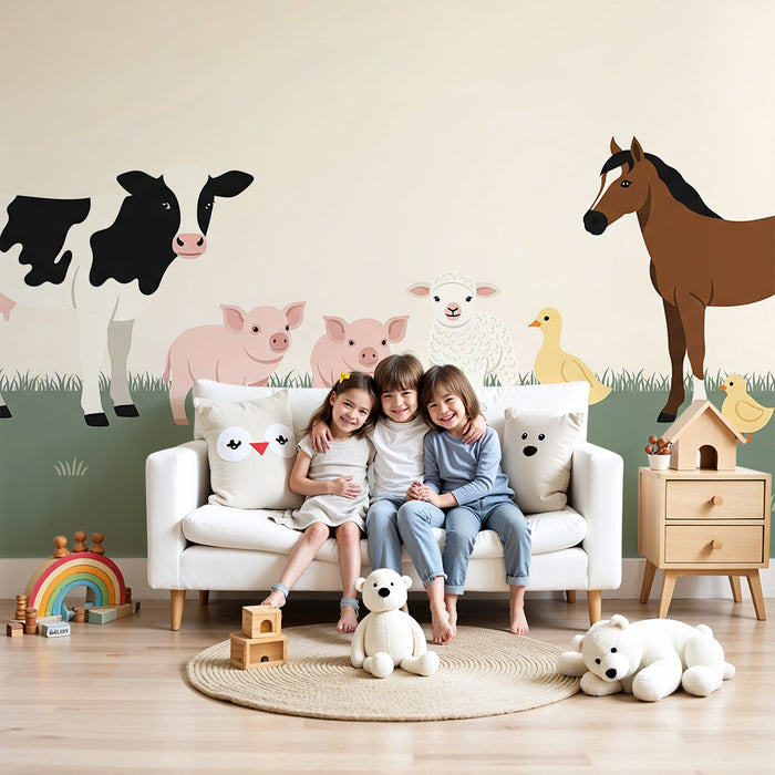 Papier peint chambre bébé | Animaux de la ferme colorés et joyeux