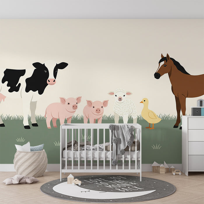 Papier peint chambre bébé | Animaux de la ferme colorés et joyeux