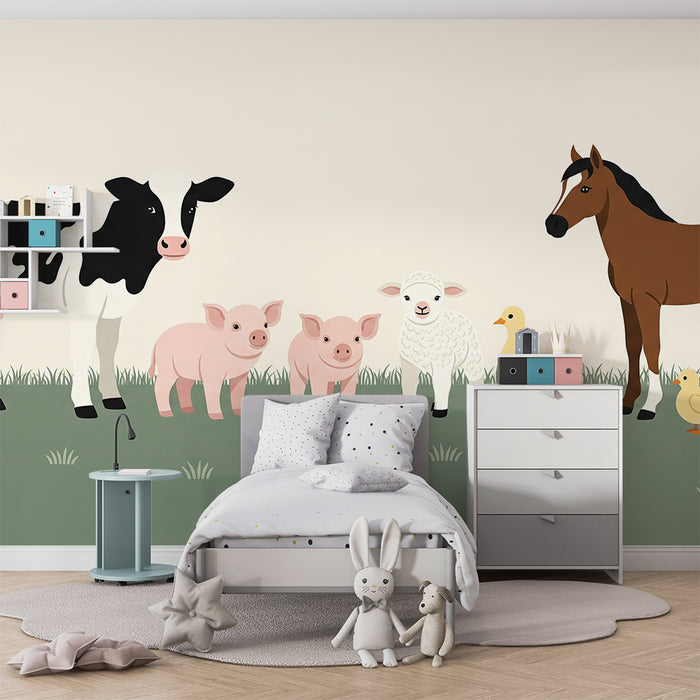 Papier peint chambre bébé | Animaux de la ferme colorés et joyeux