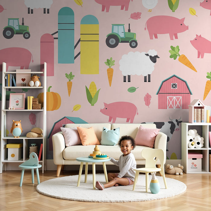 Babykamer behang | Kleurrijke boerderijdieren op een roze achtergrond