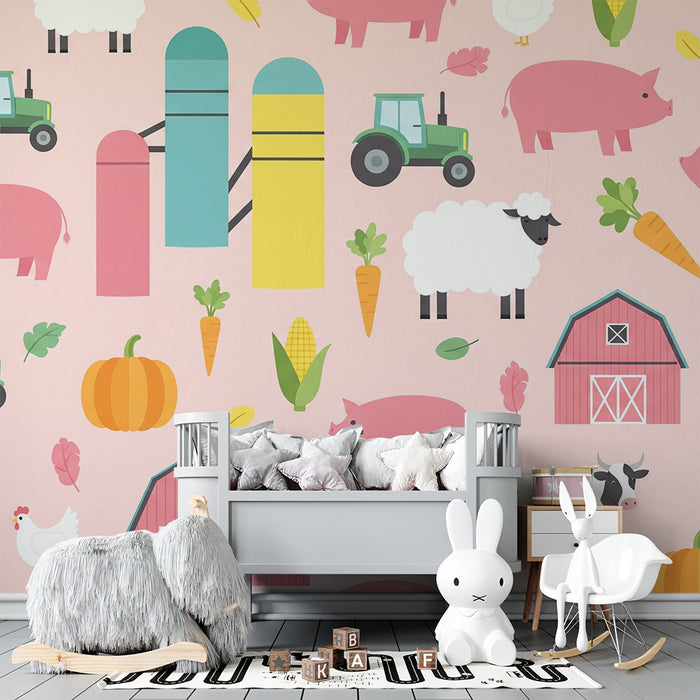 Babykamer behang | Kleurrijke boerderijdieren op een roze achtergrond