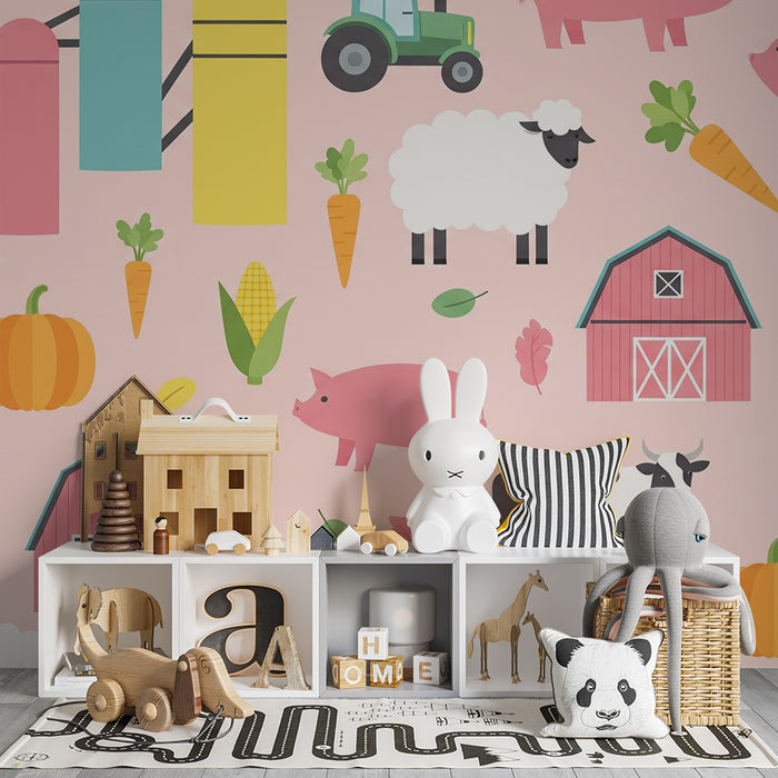 Babykamer behang | Kleurrijke boerderijdieren op een roze achtergrond