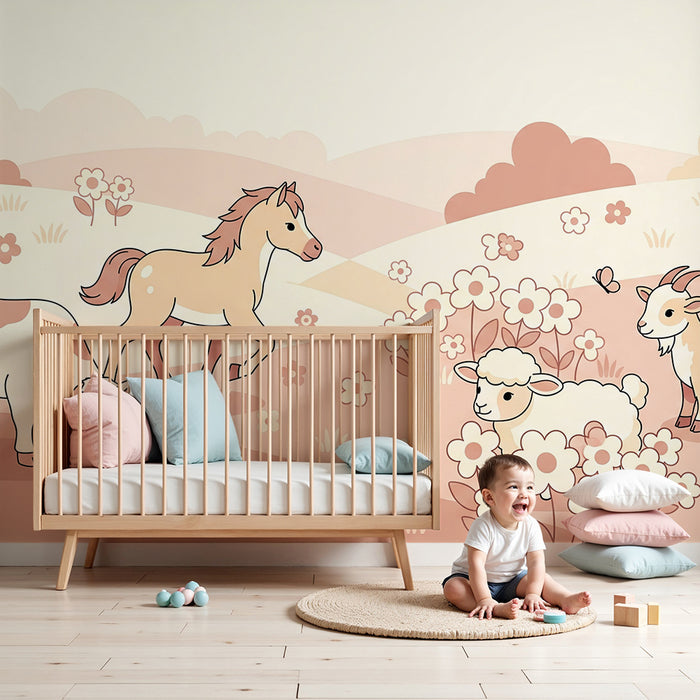 Papier peint chambre bébé | Animaux de la ferme dans un paysage floral doux