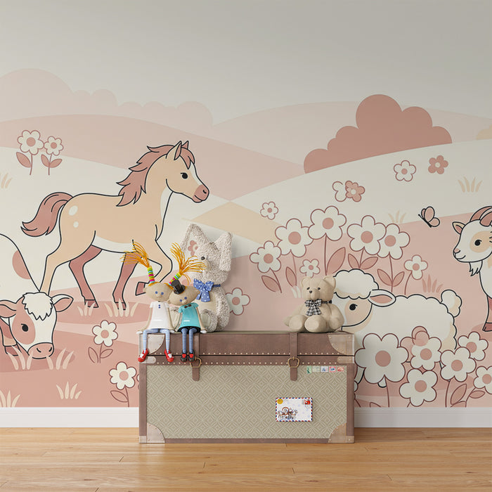 Papier peint chambre bébé | Animaux de la ferme dans un paysage floral doux
