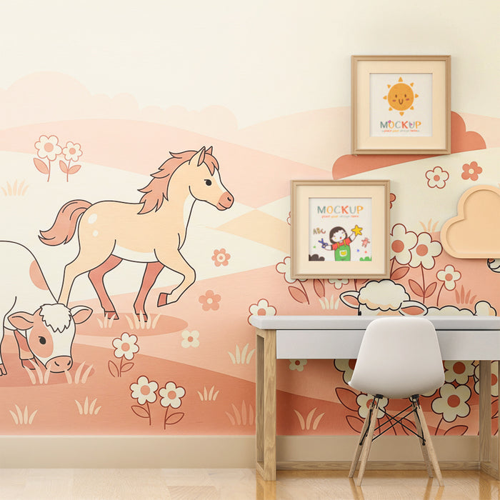 Papier peint chambre bébé | Animaux de la ferme dans un paysage floral doux
