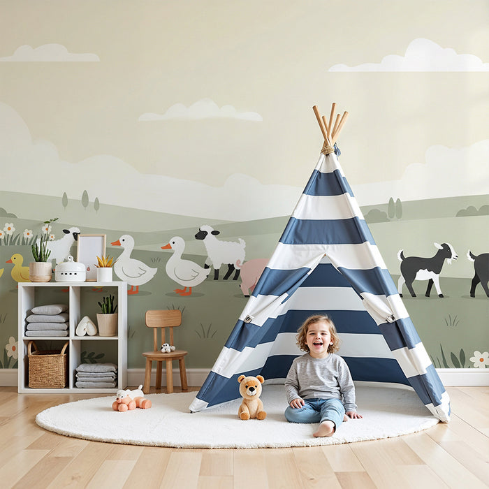 Papier peint chambre bébé | Animaux de la ferme en promenade dans un paysage doux