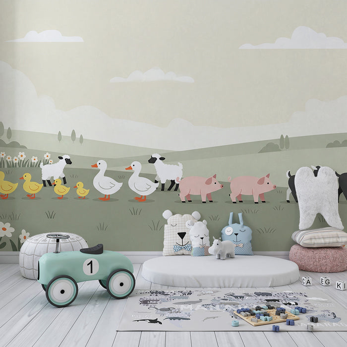 Papier peint chambre bébé | Animaux de la ferme en promenade dans un paysage doux