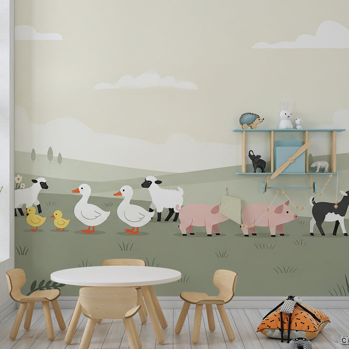 Papier peint chambre bébé | Animaux de la ferme en promenade dans un paysage doux
