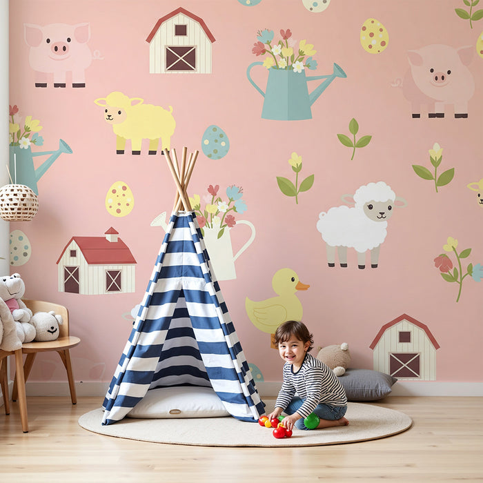 Papier peint chambre bébé | Animaux de la ferme et fleurs sur fond rose