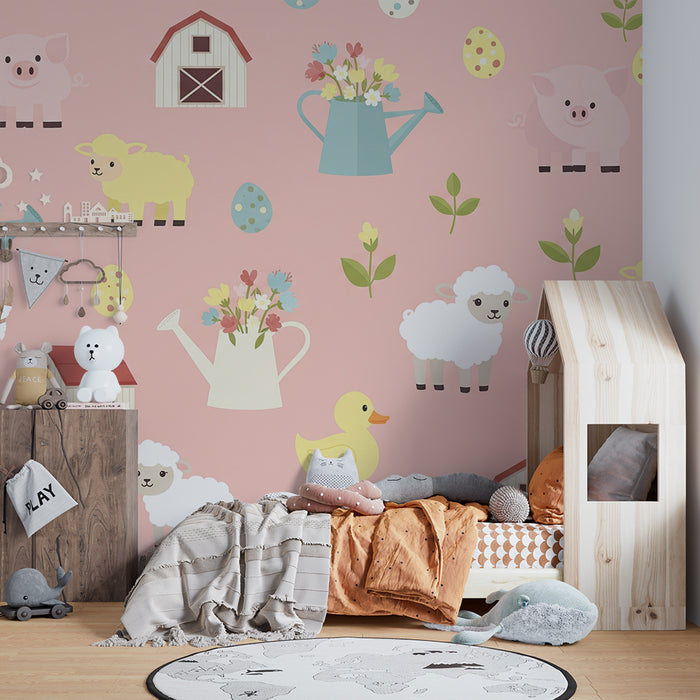 Papier peint chambre bébé | Animaux de la ferme et fleurs sur fond rose