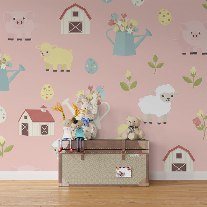 Papier peint chambre bébé | Animaux de la ferme et fleurs sur fond rose