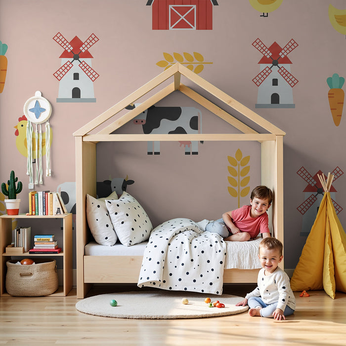 Papier peint chambre bébé | Animaux de la ferme et moulins sur fond rose