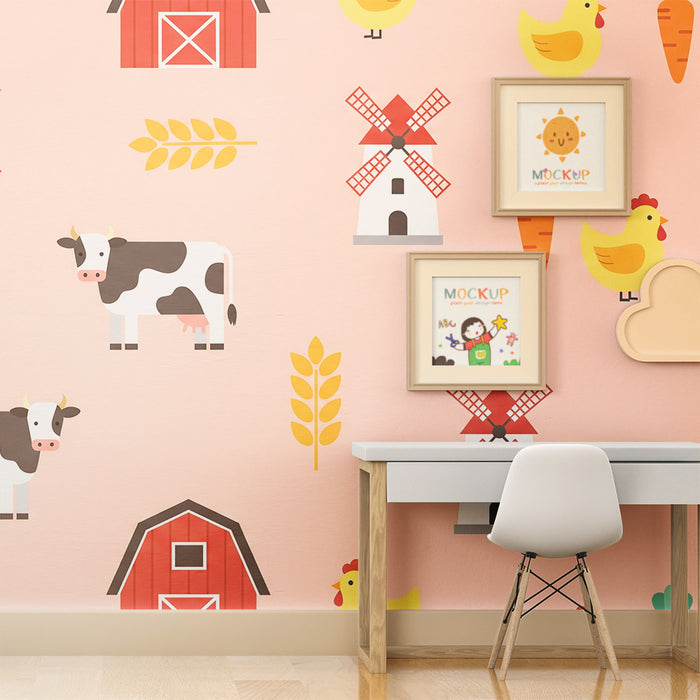 Papier peint chambre bébé | Animaux de la ferme et moulins sur fond rose