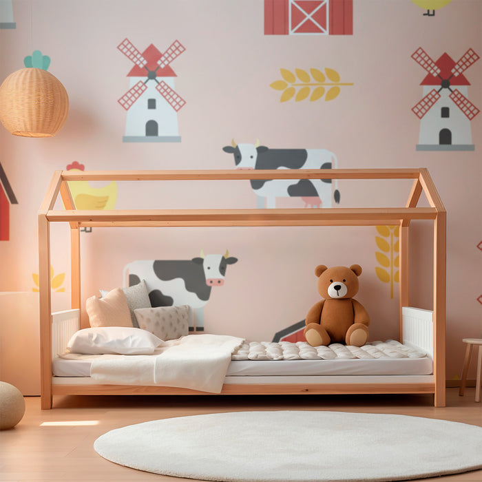 Papier peint chambre bébé | Animaux de la ferme et moulins sur fond rose