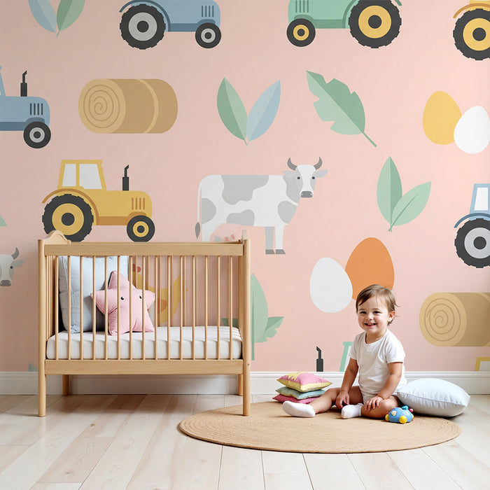 Paberi tapeet beebi tuba | Värvilised farmielukad ja traktorid pastelse tausta peal